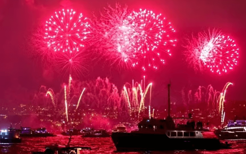 Colorful fireworks show from Bosphorus New Year dinner cruise between Europe and Asia