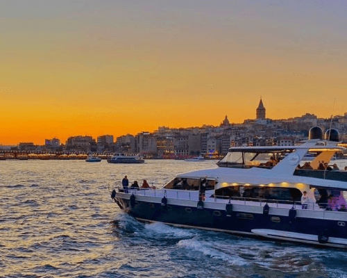 Lovers enjoying a peaceful evening on a Bosphorus sunset cruise.